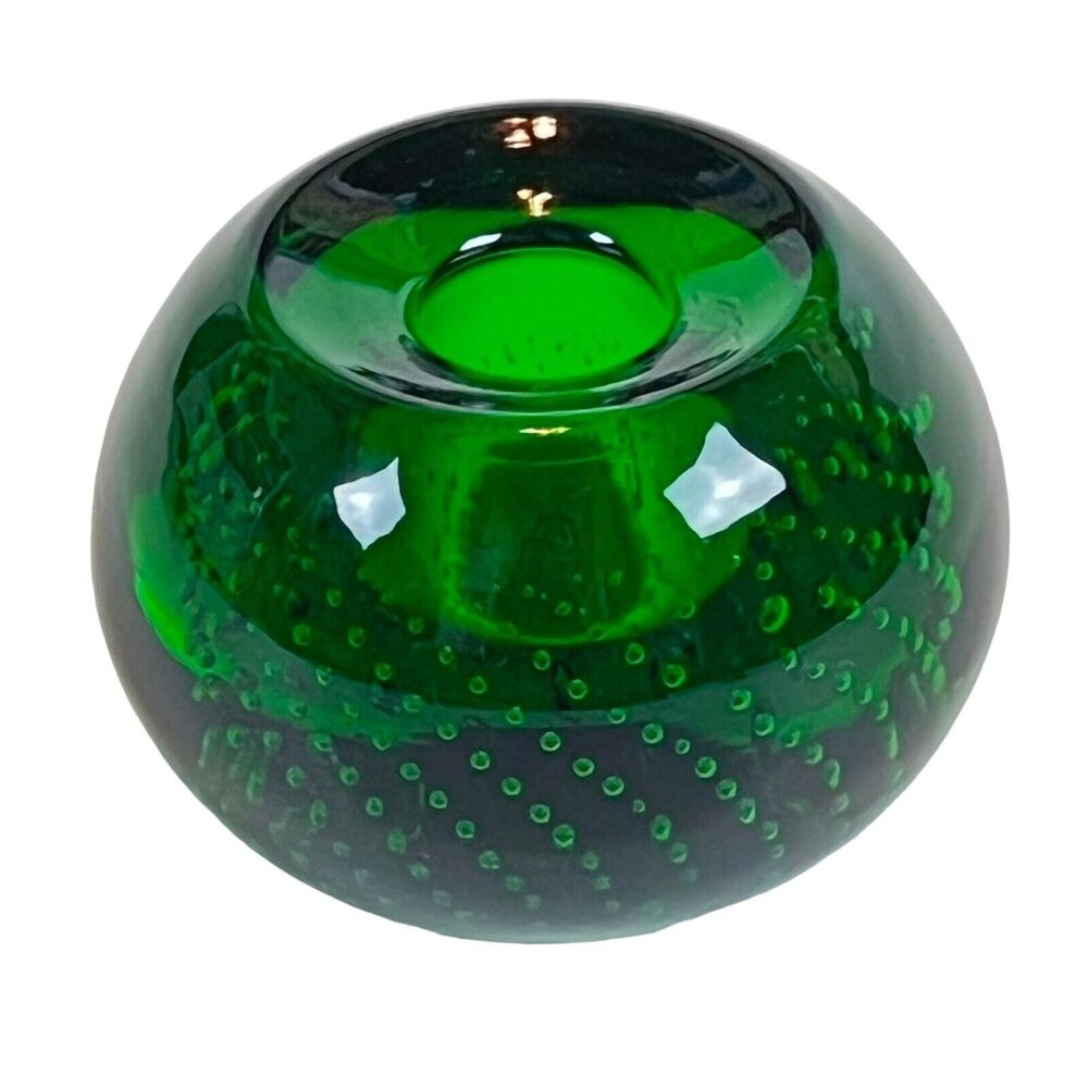 Hand Blown Art Glass Taper Candle Holder Controlled Bubble Bullicante Rich Green